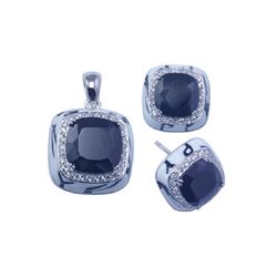 Sterling Silver Rhodium Plated Square Black CZ Stud Earring & Necklace Set sts00253