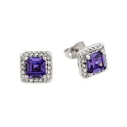 Sterling Silver Rhodium Plated Purple Square CZ Stud Earring bge00359p