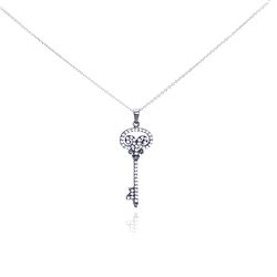 Sterling Silver Black Rhodium Plated Clear CZ Key Pendant Necklace stp00998
