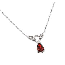 Sterling Silver Rhodium Plated Red and Clear CZ Stone Tear Drop Shape Pendant Necklace bgp00846r