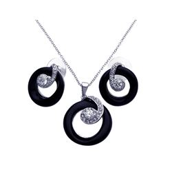 Sterling Silver Rhodium Plated Open Black Onyx Circle Clear CZ Stud Earring & Dangling Necklace Set 