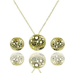 Sterling Silver Gold Plated Clear Round Disc CZ Stud Earring & Necklace Set bgs00385