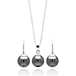Sterling Silver Rhodium Plated Black Pearl Hanging Earring & Necklace Set sts00460