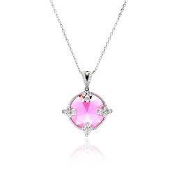 Sterling Silver Rhodium Plated Pink Round CZ Necklace bgp00447