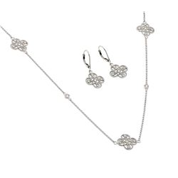 Sterling Silver Rhodium Plated Simple Clover CZ Leverback Earring And Necklace Set bgs00423
