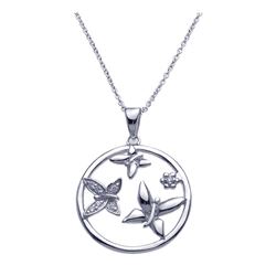 Sterling Silver Rhodium Plated Clear CZ Circle Butterfly Pendant Necklace stp00957