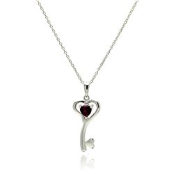 Sterling Silver Rhodium Plated Clear CZ Heart Key Pendant Necklace stp01327
