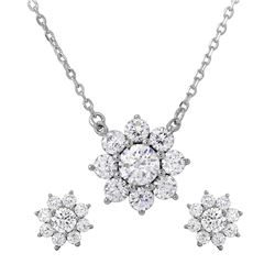 Sterling Silver Rhodium Plated Flower CZ Earrings And Necklace Set - BGS00474