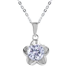 Sterling Silver Small 5 Petal Flower With Large CZ Center Pendant Necklace BGP00609