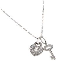 Sterling Silver Rhodium Plated Clear CZ Lock and Key Pendant Necklace bgp00860