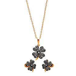 Sterling Silver Black Rhodium & Gold Plated Clear Mini Clover CZ Stud Earring & Necklace Set bgs0030