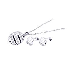 Silver Rhodium Plated Circle Stripped CZ Stud Earring & Necklace Set sts00126
