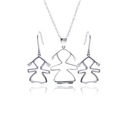 Sterling Silver Rhodium Plated Open Girl CZ Dangling Hook Earring & Necklace Set sts00362