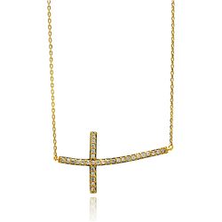 Sterling Silver Gold Plated Sideways Cross CZ Necklace bgp00670