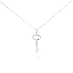 Sterling Silver Rhodium Plated Clear CZ Key Pendant Necklace stp01001