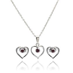 Sterling Silver Rhodium Plated Open Heart Round Red CZ Stud Earring & Necklace Set sts00416