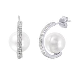Sterling Silver Rhodium Plated C-Curved Pearl CZ Stud Earring STE01005