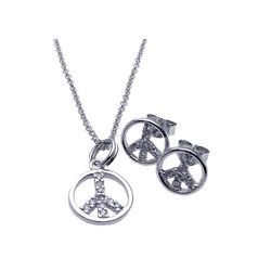 Sterling Silver Rhodium Plated Open Peace Sign CZ Stud Earring & Necklace Set sts00215