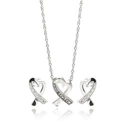 Sterling Silver Rhodium Plated Open Heart Ribbon Channel CZ Stud Earring & Necklace Set sts00132