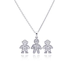 Sterling Silver Rhodium Plated Open Filigree CZ Boy Stud Earring & Necklace Set sts00363