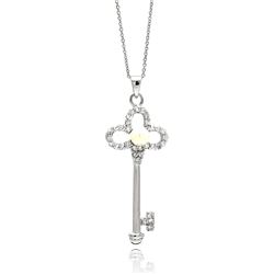 Sterling Silver Rhodium Plated Open Flower Key CZ Center Pearl Necklace bgp00562