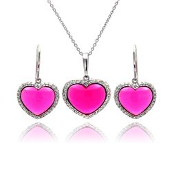 Sterling Silver Rhodium Plated Heart Pink CZ Hoop Earring & Necklace Set sts00147