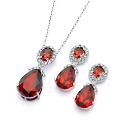 Sterling Silver Rhodium Plated Red & Clear Teardrop Oval CZ Dangling Stud Earring & Dangling Necklac