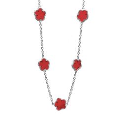 Sterling Silver Rhodium Plated Flower Red Enamel Necklace BGP00458