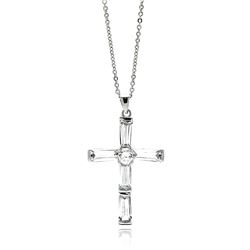 Rhodium Plated Brass Cross Clear Baguette CZ Pendant Necklace bbp00060