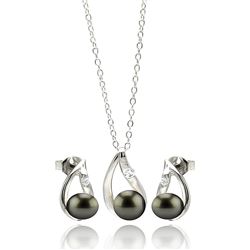 Sterling Silver Rhodium Plated Open Teardrop Black Pearl Hanging Earring & Necklace Set sts00457