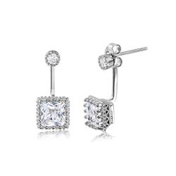 Sterling Silver Rhodium Plated Hanging Square Crown Set Earrings - STE01043