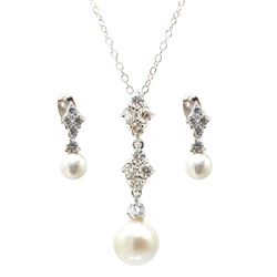 Sterling Silver Rhodium Plated Ornate Pearl Clear CZ Stud Dangling Earring & Dangling Necklace Set B