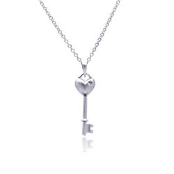 Sterling Silver Rhodium Plated Heart Key CZ Necklace bgp00369