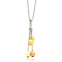 Sterling Silver Rhodium Plated Five Champagne Hanging Pearls CZ Necklace bgp00472