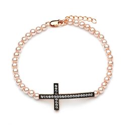 Sterling Silver Gold & Silver Rhodium Plated Sideways Cross CZ Pearl Bead Bracelet bgb00109
