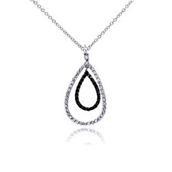 Sterling Silver Rhodium & Black Rhodium Plated Clear & Black CZ Open Teardrop Pendant Necklace bgn00