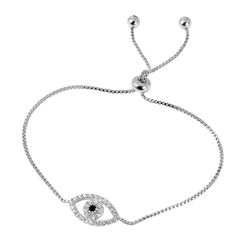 Sterling Silver Rhodium Plated CZ Evil Eye Tassel Bracelet - STB00522