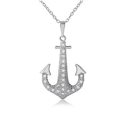 Sterling Silver Rhodium Plated CZ Anchor Necklace - BGP01094