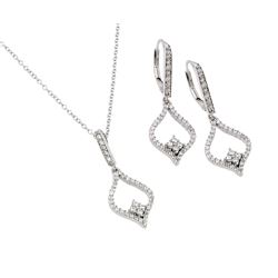 Sterling Silver Rhodium Plated Clear Open Marquise CZ Leverback Earring & Hanging Necklace Set bgs00