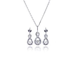 Sterling Silver Rhodium Plated Figure 8 Teardrop Clear CZ Dangling Stud Earring & Necklace Set bgs00