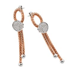 Sterling Silver Rhodium & Rose Gold Plated Dangling Ribbon Center Circle CZ Inlay Dangling Stud Earr