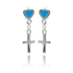 Sterling Silver Rhodium Plated Heart CZ Cross Wrie Dangling Earring ste00775