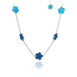 Sterling Silver Rhodium Plated Blue Flower CZ Necklace bgp00460