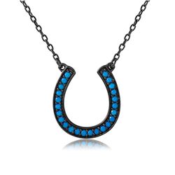 Sterling Silver Black Rhodium Plated Turquoise Stone Horse Shoe Necklace - BGP01113