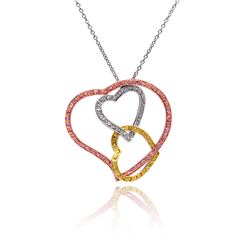 Sterling Silver RhodiumGold& Rose Gold Plated Open Layered Heart Multi Colored CZ Pendant Necklace b