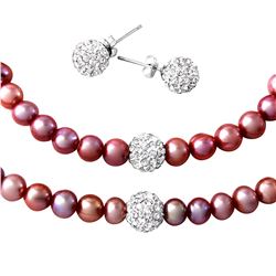 Fresh Water Pink Pearl Necklace, Bracelet and Earrings Set with CZ Encrusted Sterling Silver Beads -