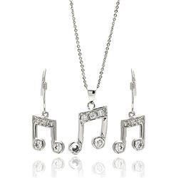 Sterling Silver Rhodium Plated Musical Note Clear CZ Hook Earring & Dangling Necklace Set bgs00265