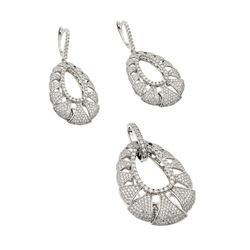 Sterling Silver Rhodium Plated Clear Micro Pave Open Puff Teardrop CZ Dangling Stud Earring & Dangli