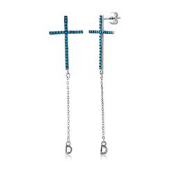 Sterling Silver Rhodium Cross Earring Encrusted With Synthetic Turquoise - STE01046