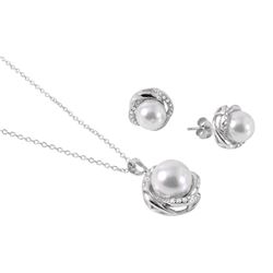 Sterling Silver Rhodium Plated Clear CZ White Pearl Set BGS00458